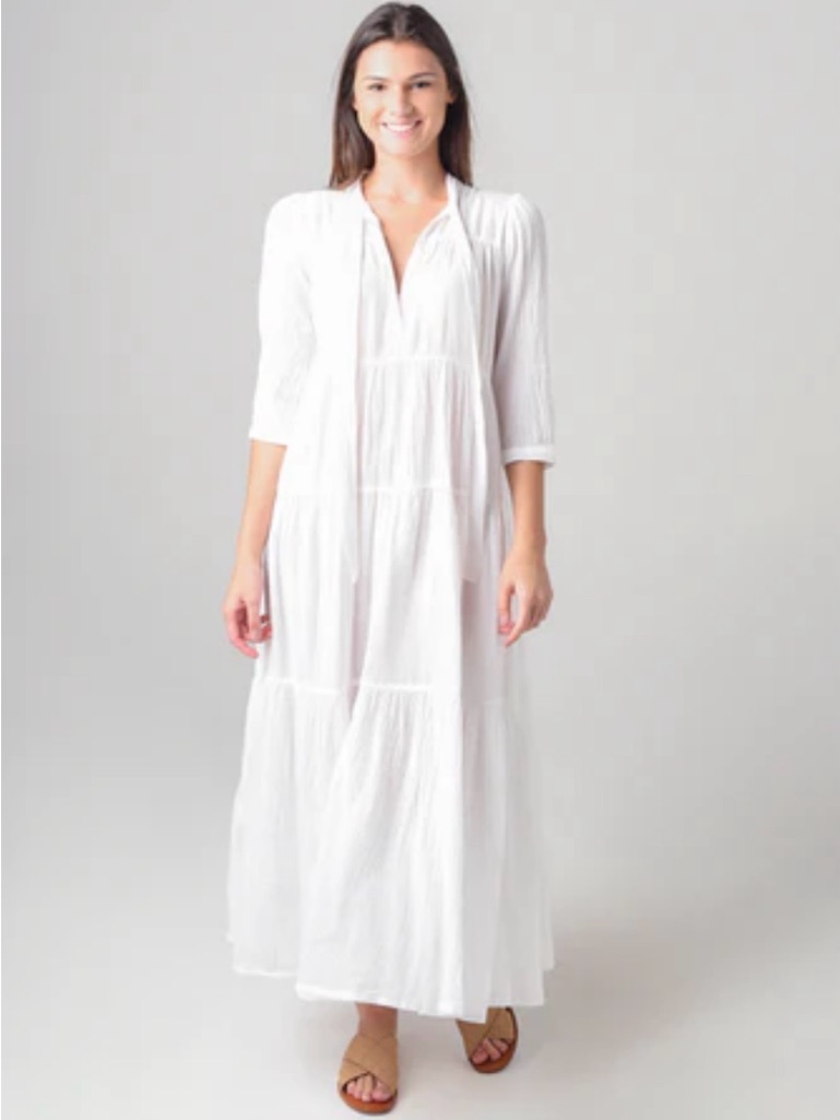 Honorine Womenâs Xs Flowing Off White Tiered Pure Cotton Ruffle Maxi Dress